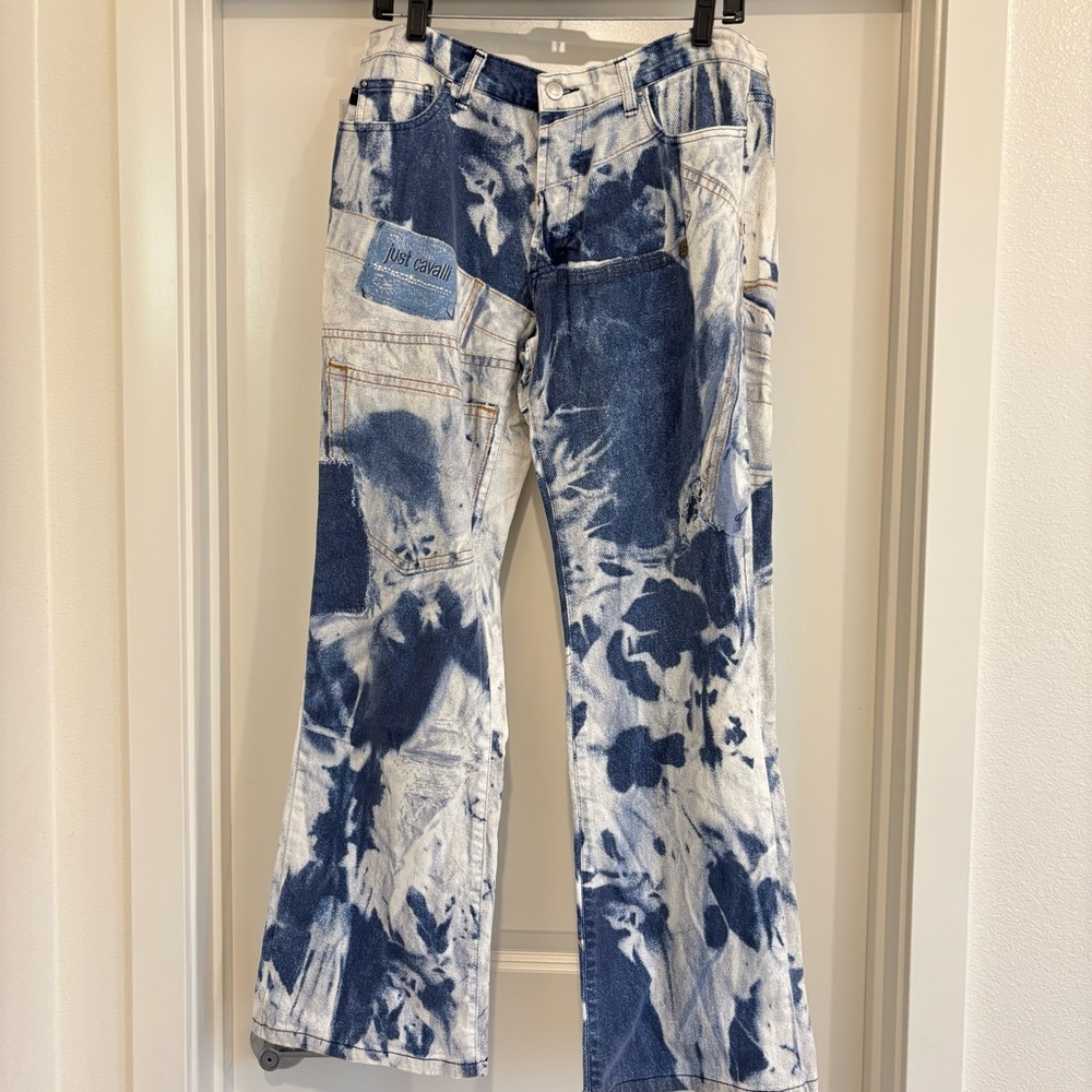Y2K Just Cavalli by Roberto Cavalli Blue and White Printed Denim Patchwork Jeans